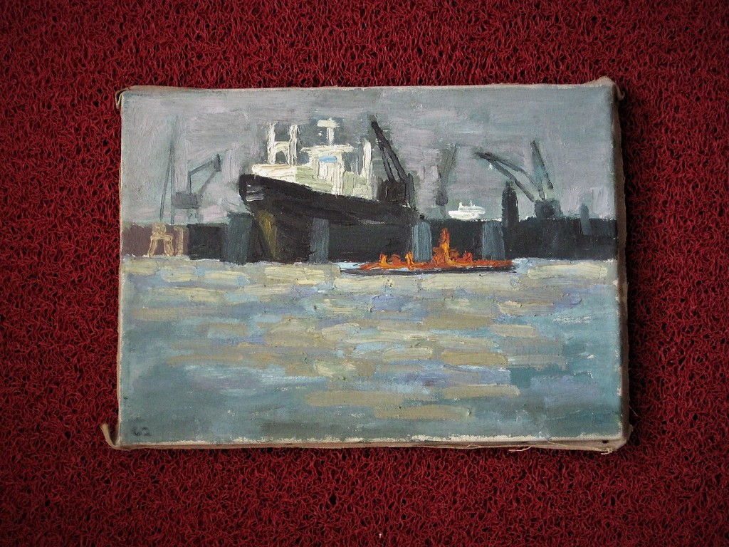 Oud impressionistisch olieverf op doek "Haven van Amsterdam" monogram "AT" kopen? Bied vanaf 1!