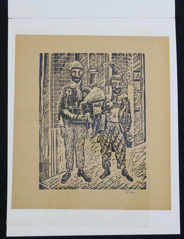 Herman Bieling:Houtsnede op papier velin, Straatmuzikant en clown kopen? Bied vanaf 50!