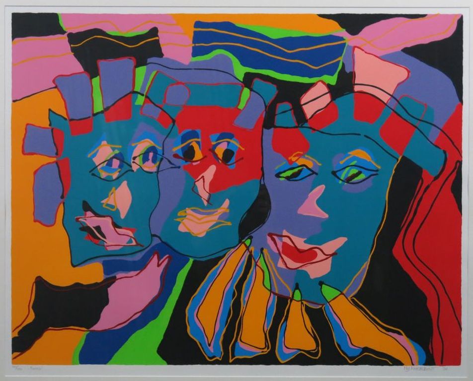 Marianne Naerebout: Zeefdruk, Faces - Ingelijst verkocht voor € 90!