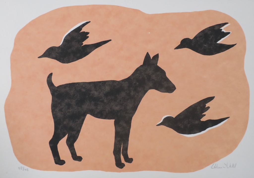 Loes Huis in 't Veld: Zeefdruk, Hond en vogels verkocht voor € 35!