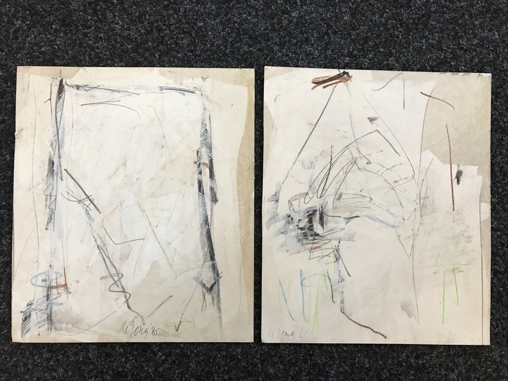 2 x Leo de Jong gemengde technieken op papier, gesigneerd. 1985 kopen? Bied vanaf 1!