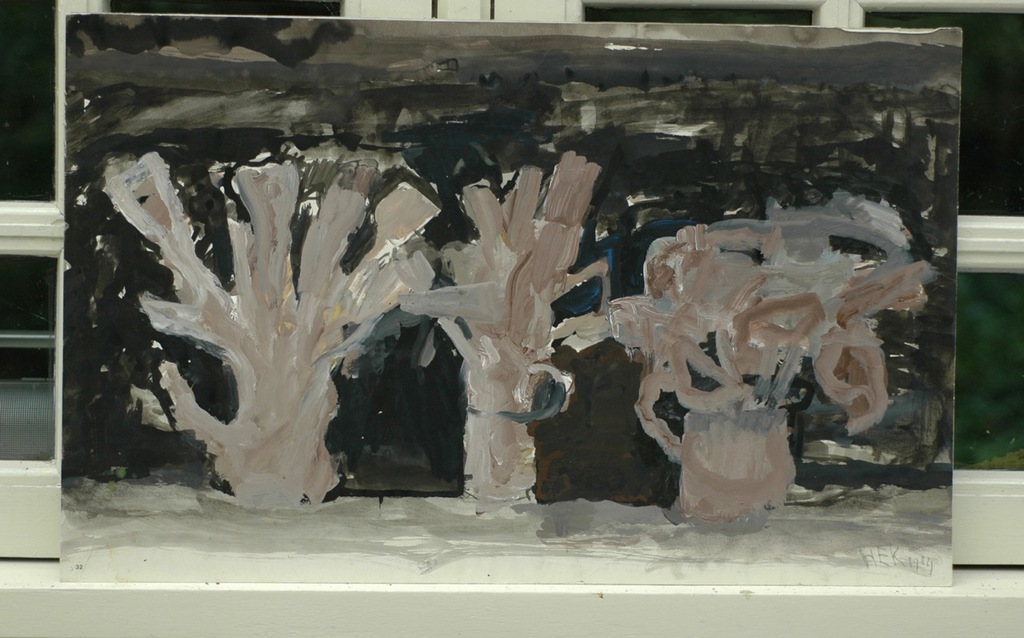 Hans Ebeling Koning: verf op verlijmd papier, 'Kiefer'kannen verkocht voor € 60!