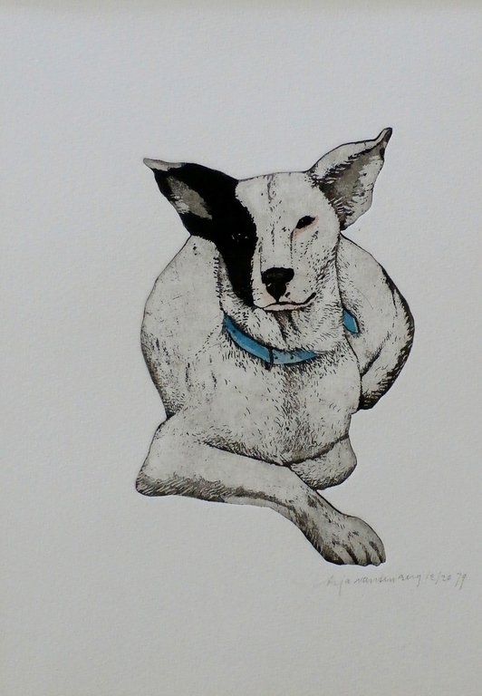 Arja van den Berg - ets: liggende hond - 1979 verkocht voor € 49!