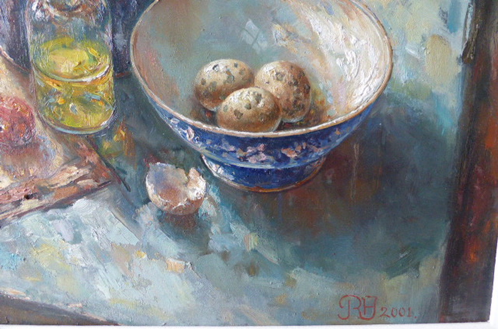 Rene Jansen  Olieverfschilderij getiteld :Bloemstilleven met kwarteleitjes. kopen? Bied vanaf 1595!