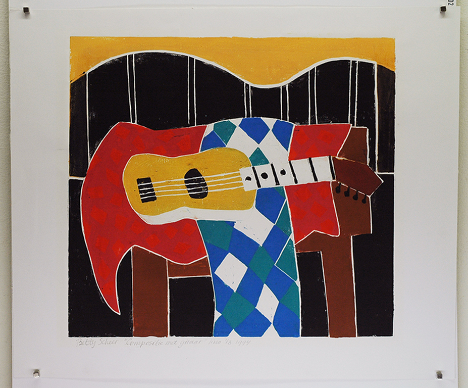 Betty Scheer: Compositie met gitaar - linoleumsnede, 1994 kopen? Bied vanaf 45!