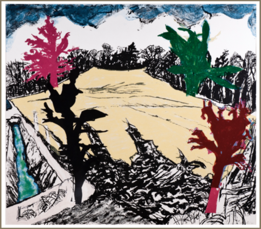 Hans Ebeling Koning: Zeefdruk, Landschap (geel) -Ingelijst kopen? Bied vanaf 35!