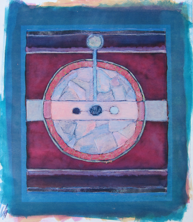 Maja Tent # CIRKEL IN VIERKANT# diverse technieken op karton, gesigneerd, 1991 verkocht voor € 40!