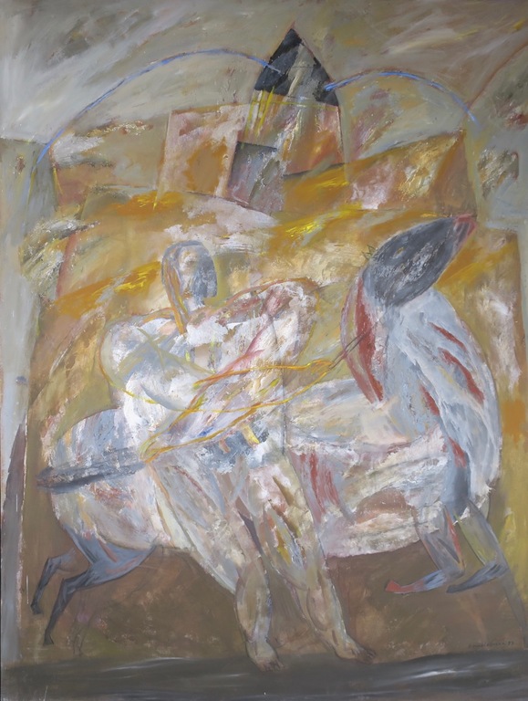 Horacio Silva: Acryl op doek, Hombre caballo y Torre (Zeer groot) verkocht voor € 250!