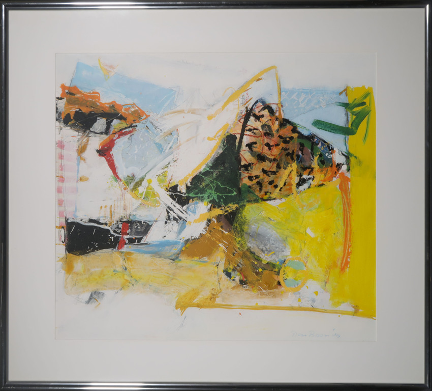 Theo den Boon: Gemengde techniek op papier, Abstracte compositie - Ingelijst  verkocht voor € 80!