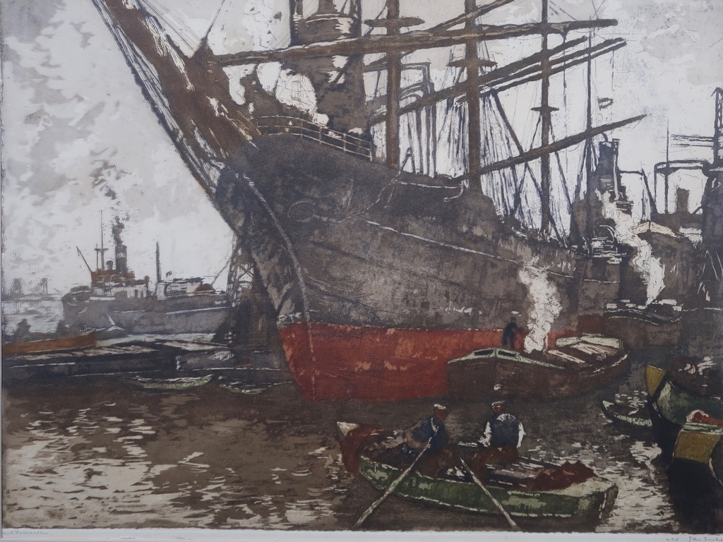 Jan Sirks: Ets, Havengezicht - Ingelijst verkocht voor € 70!