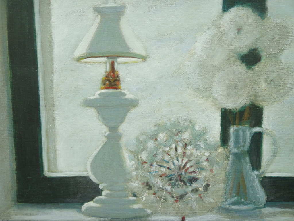 Leon Zeldenrust, acrylverf op paneel, 'stilleven met olielamp '. verkocht voor € 125!