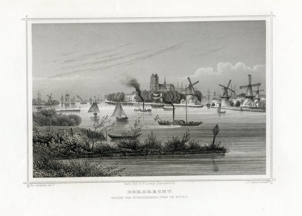 Dordrecht 1858 - "Stadsprofiel van Steenekamer over de rivier" door Christian Schueler - Gravure kopen? Bied vanaf 30!