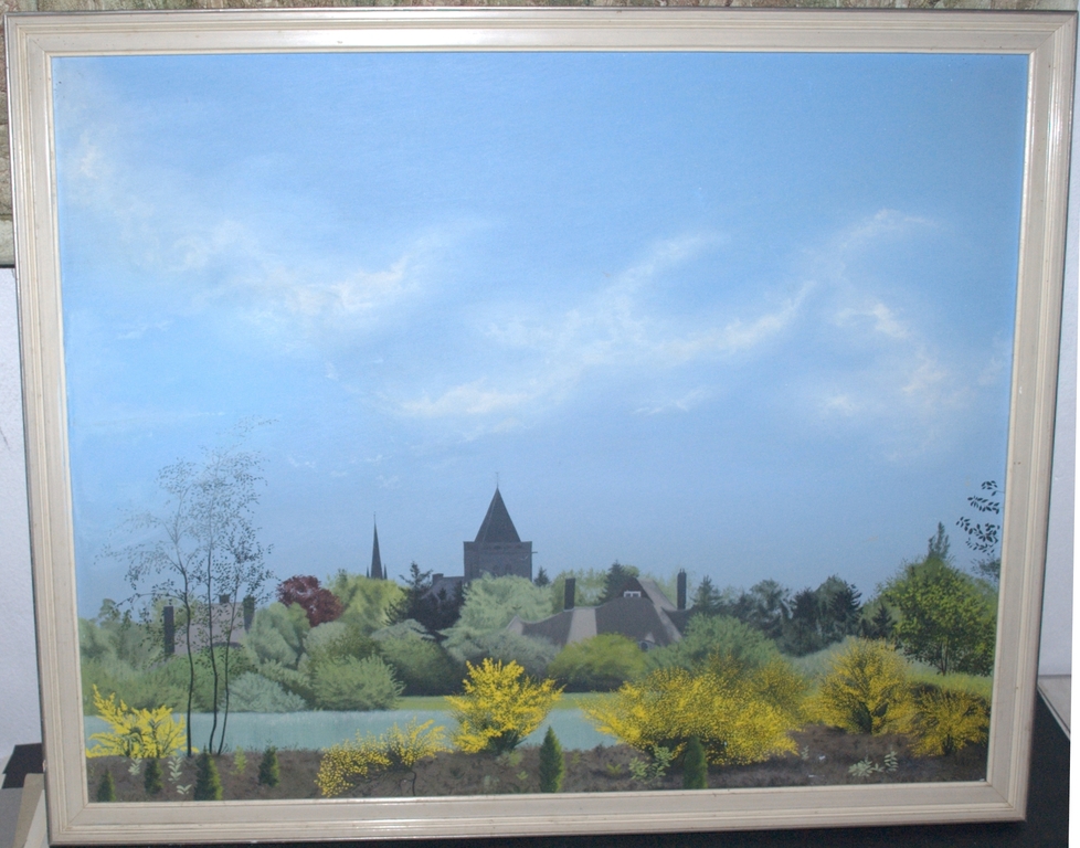 Gezicht op een dorp in het Gooi - gesigneerde gouache uit 1953 kopen? Bied vanaf 395!