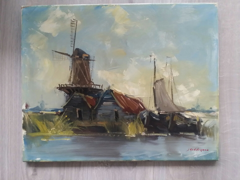 Jan Kelderman. Olieverf op doek. Molen en zeilschip bij Westzaan. kopen? Bied vanaf 59!