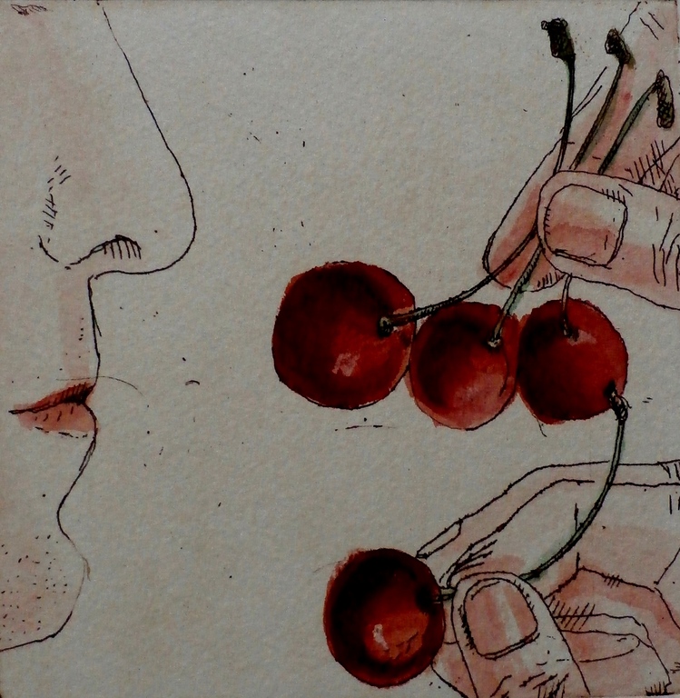 Arja van den Berg - ets: Kersen eten - 1985 verkocht voor € 45!