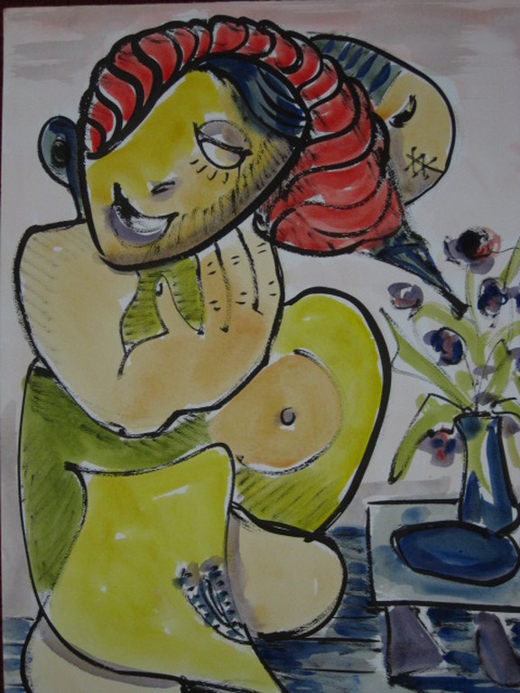 Suriname expressionist Quintus Jan Telting 1931-2003  "naakt met bloemen" gesigd verkocht voor € 86!