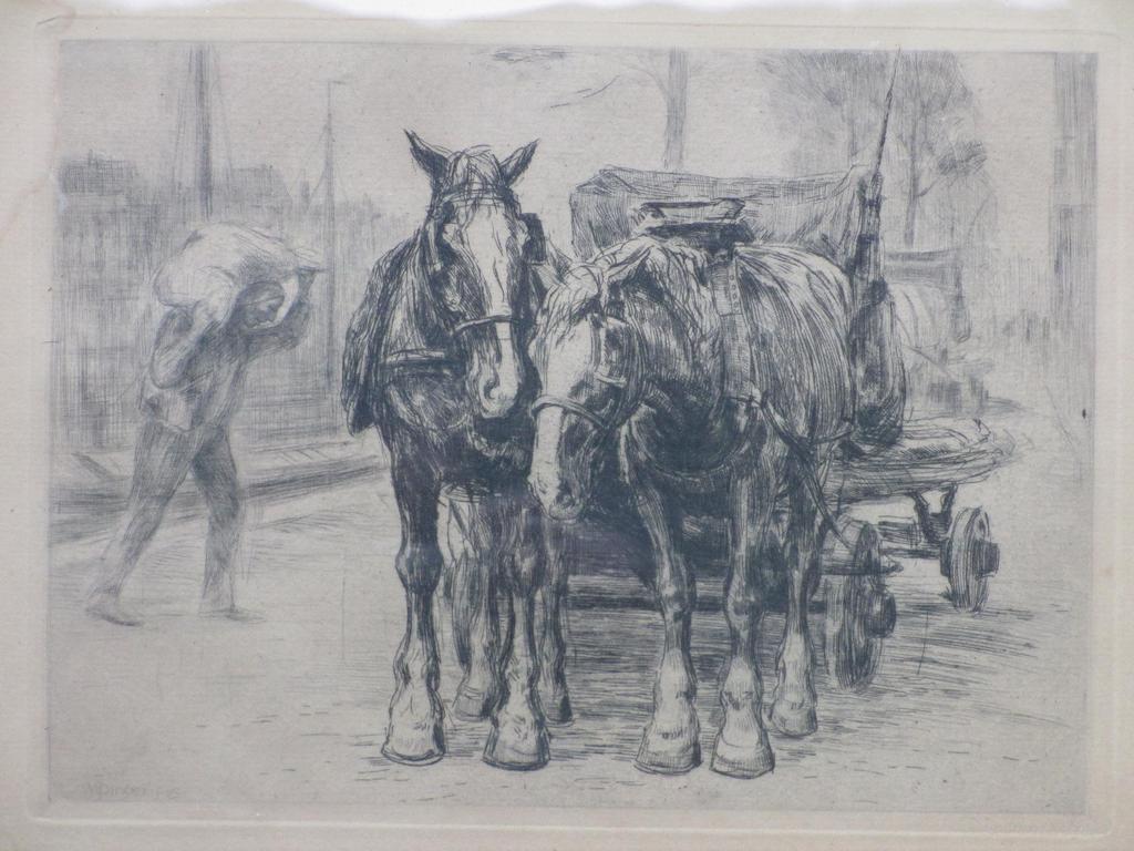 W.J.Dingemans, Karrepaarden aan de kade, Ets verkocht voor € 35!