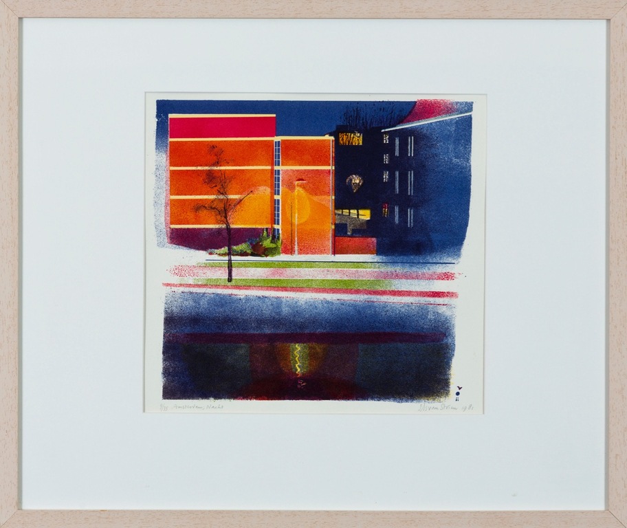 Els van Strien: Litho, Amsterdam bij nacht - Ingelijst kopen? Bied vanaf 35!