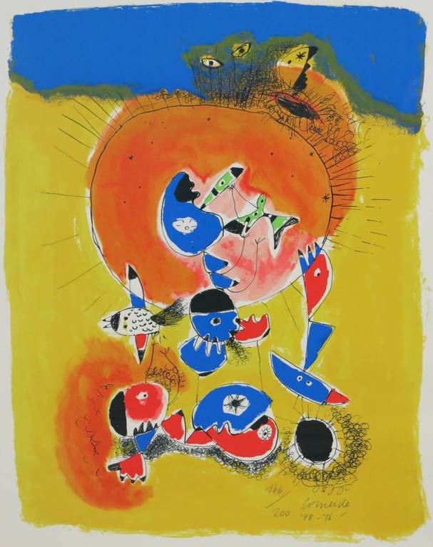 Corneille: Litho, Figuurtjes blauw/geel - Ingelijst verkocht voor € 312!