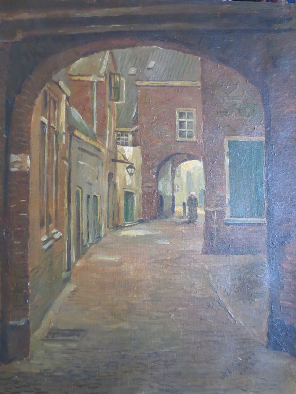 Ad Pieters - H.E. Peters Olieverf op doek Hofje in Dordrecht 1945 verkocht voor € 50!