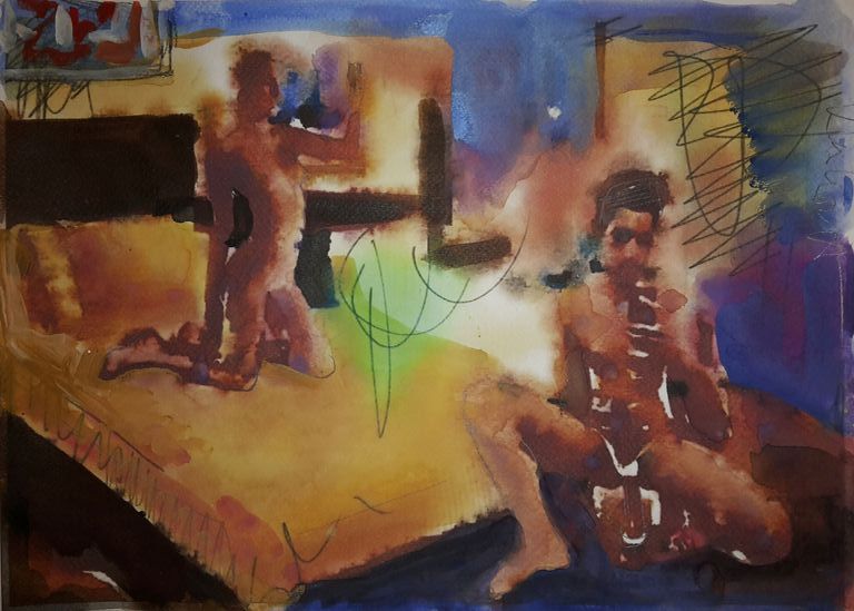 Peter Klashorst - gemengde techniek op aquarel papier - Modern lovers kopen? Bied vanaf 70!