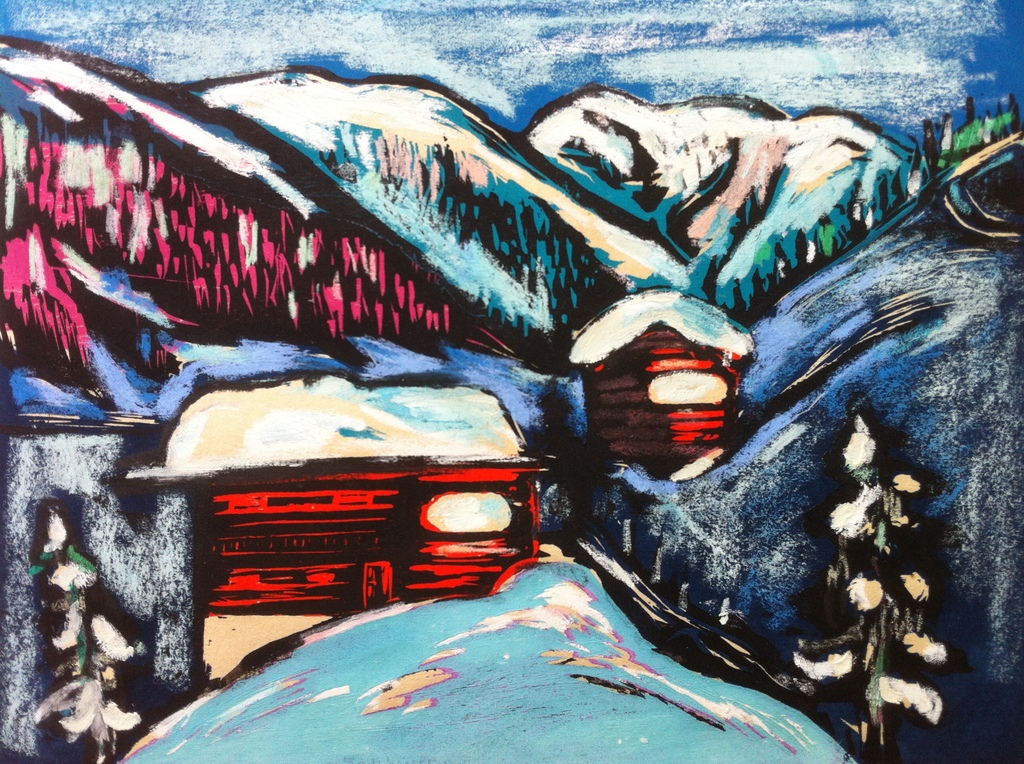 Jan Wiegers (Groninger Ploeg), Zwitserland, Ingekleurde houtsnede met geschilderde delen, gemengd werk verkocht voor € 110!