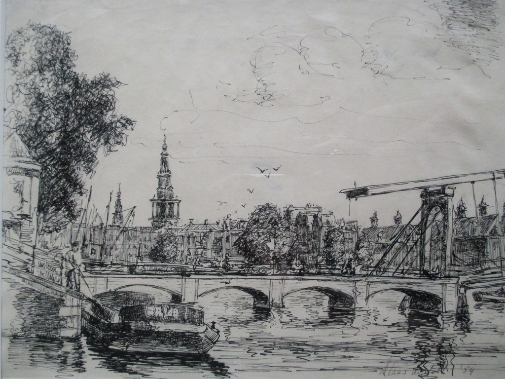 Klaas de Poel, ingelijste inkttekening Magere Brug Amsterdam 1954 kopen? Bied vanaf 1!