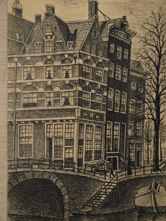 A.H. Scheeland – Pentekening, Prinsengracht Amsterdam–Gesigneerd & ingelijst-Oud kopen? Bied vanaf 30!