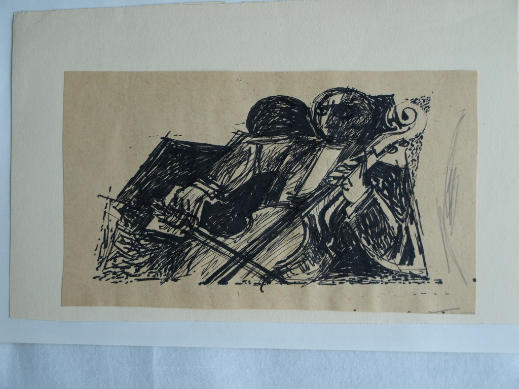 Onbekend : 2 Tekeningen , Paard + Cellist – ca 1950 kopen? Bied vanaf 1!