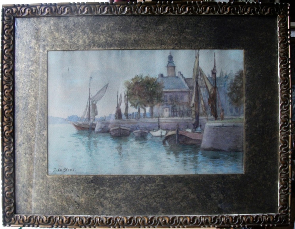Adriaan Terhell - J. le Blanc: aquarel op papier, Haven met vissersboten verkocht voor € 70!