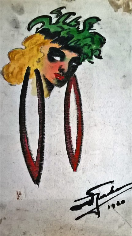 Jurcka W, tekening, vrouw met oorbellen kopen? Bied vanaf 40!