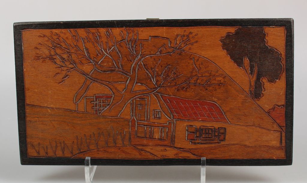 Gebrandschilderd art deco houten plankje met afbeelding van boerderij kopen? Bied vanaf 10!