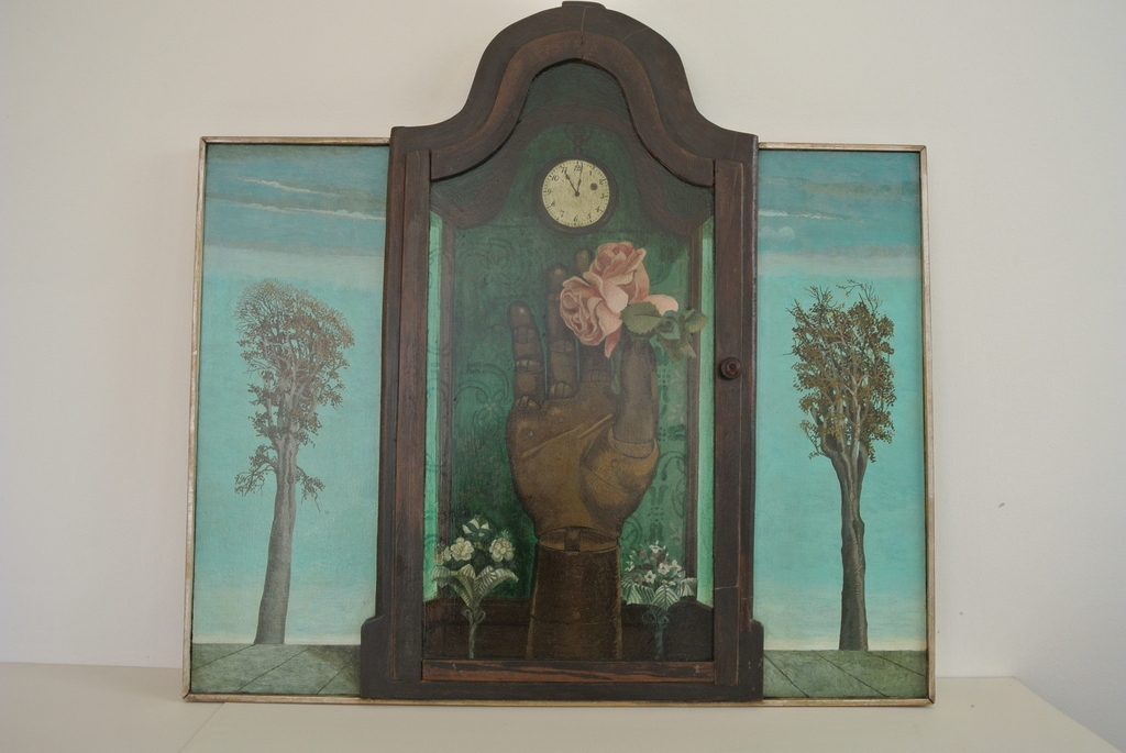 Herman Berserik,drieluik olieverf op masonite Hand in kastje verkocht voor € 2500!