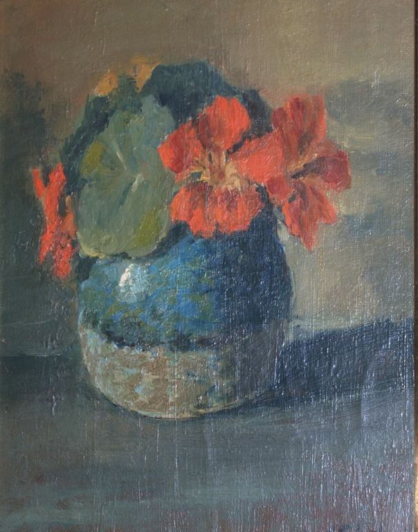 Bloemen in een stenen vaas - olieverf marouflé verkocht voor € 35!