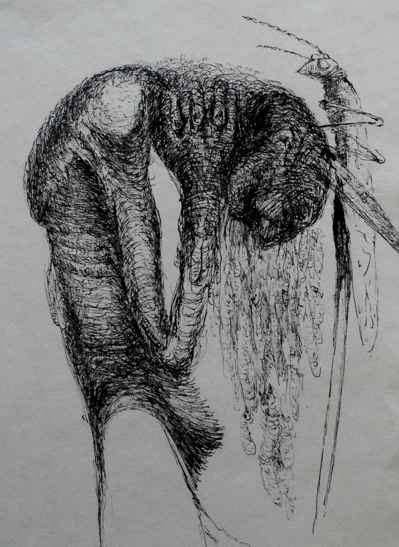 Melle Oldeboerrigter- inkttekening - Surrealistisch figuur verkocht voor € 160!