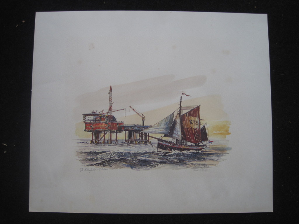 Handingekleurde Litho "Booreiland Cont.Netherlands Oil Co." van Paul Kerrebijn  kopen? Bied vanaf 1!