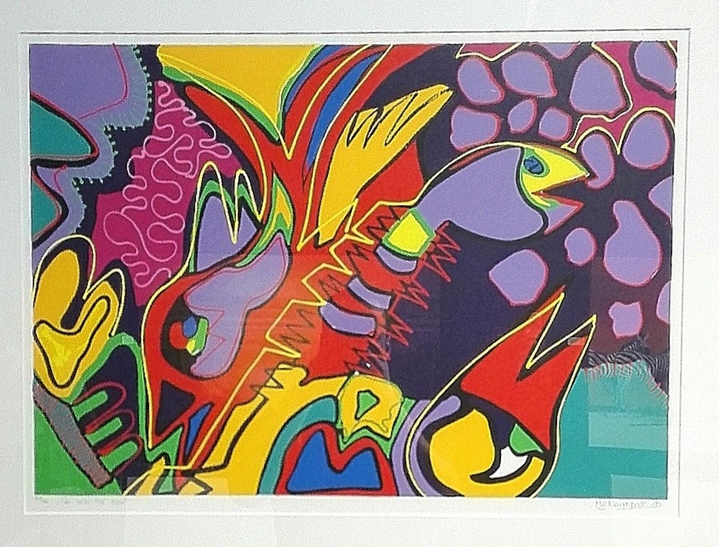 Marianne Naerebout, zeefdruk op papier in zwarte lijst, Titel: Go with the flow verkocht voor € 75!