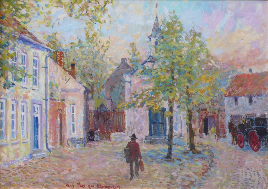 Harry Maas, De schilder lopend door zij geboorteplaats Stevenweert. Gouache. kopen? Bied vanaf 850!