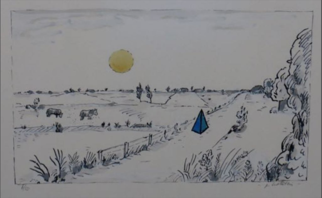 Pieter Holstein: Handgekleurde ets, Landschap met blauwe piramide kopen? Bied vanaf 1!