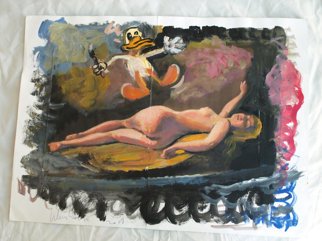 Peter Klashorst : acrylverf op papier , Vrouw met Eend – 2016 kopen? Bied vanaf 50!