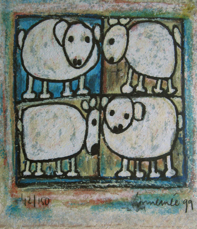 Hans Innemée - zeefdruk op geschept papier, ingelijst - 4 Schaapjes kopen? Bied vanaf 65!