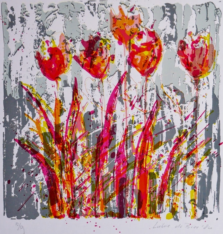 Lukie de Bree: Zeefdruk, Tulpen, Gesigneerd, 1984 kopen? Bied vanaf 45!