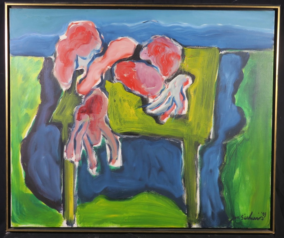 Jan Sierhuis: Olieverf op doek, Tafel in een landschap - Ingelijst (Groot!) verkocht voor € 1500!