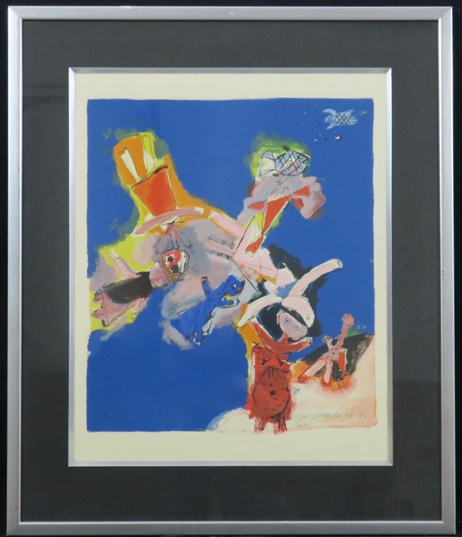 Corneille: Litho, Compositie met beesten en figuren IV - Ingelijst verkocht voor € 221!