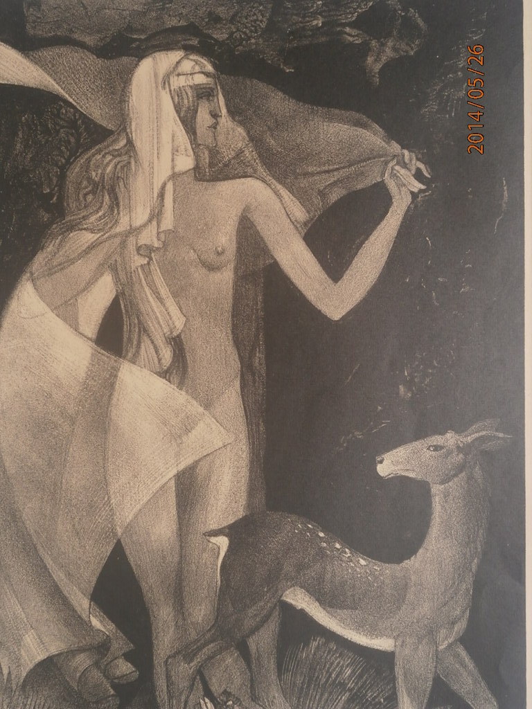 vrouw met hinde, litho 18 x 32 ( 23 x 37 met passepartout )  kopen? Bied vanaf 15!