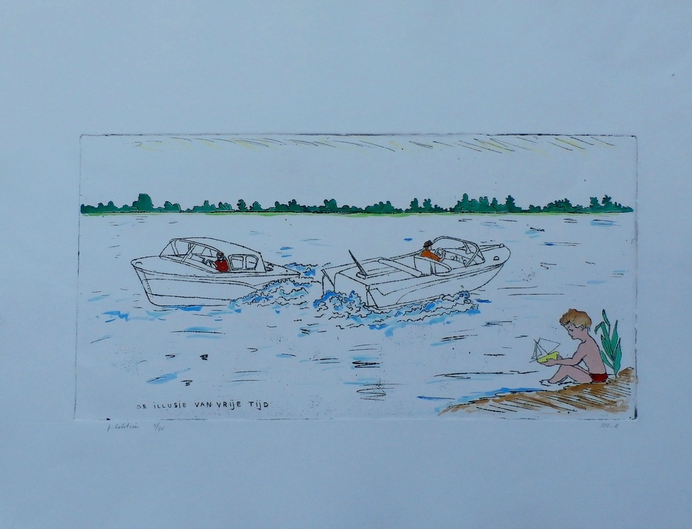 Pieter Holstein - kleurenets: De illusie van vrije tijd - gesigneerd verkocht voor € 75!