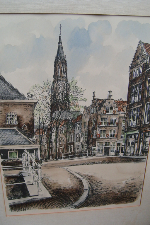 Bob Brobbel, ingekleurde litho van Delft, r.o gesig. verkocht voor € 35!