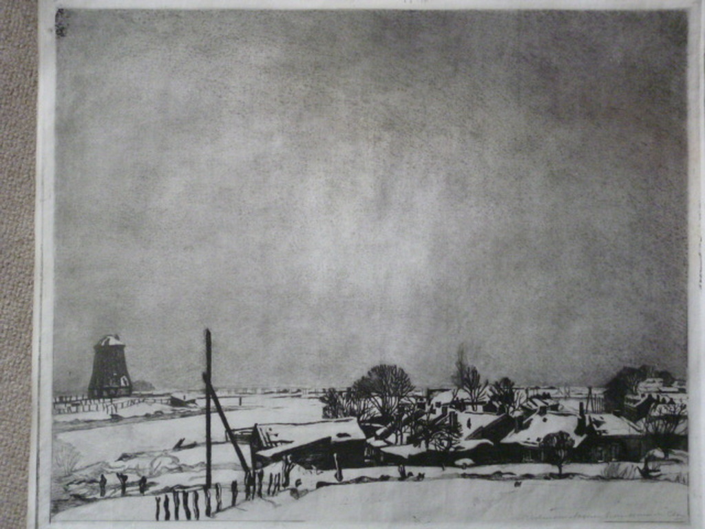 A. Derkzen van Angeren - ets - Besneeuwd landschap met huizen en molen verkocht voor € 40!