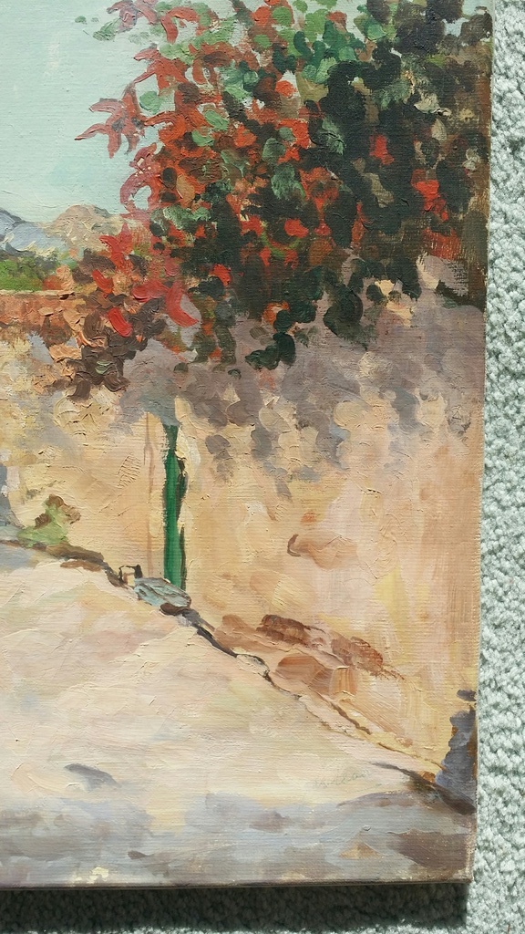 Onbekende kunstenaar. Olieverf op doek. Dorpsgezicht met figuur.  kopen? Bied vanaf 7!