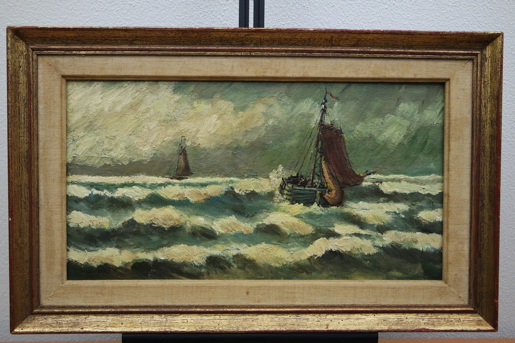 Olieverf op paneel -  zeegezicht met boten - gesigneerd l.o. kopen? Bied vanaf 65!